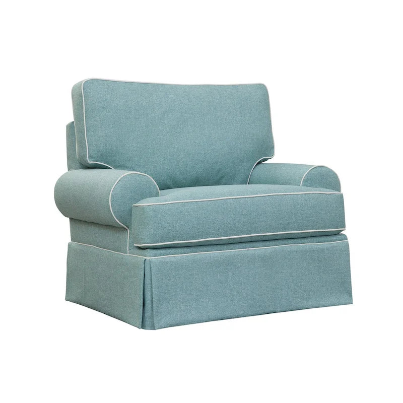 Fauteuil rembourré Coastal Aqua avec accoudoirs ronds et jupe ajustée