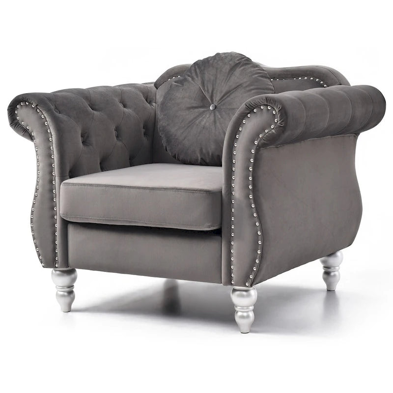 Fauteuil d'appoint en velours capitonné Chesterfield avec accoudoirs évasés et coussin décoratif