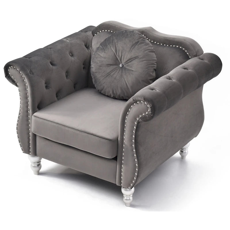 Fauteuil d'appoint en velours capitonné Chesterfield avec accoudoirs évasés et coussin décoratif