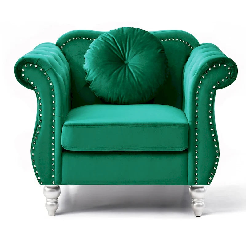 Fauteuil d'appoint en velours capitonné Chesterfield avec accoudoirs évasés et coussin décoratif
