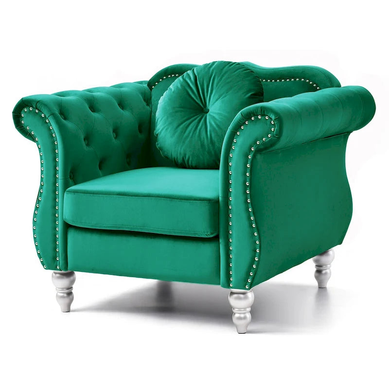 Fauteuil d'appoint en velours capitonné Chesterfield avec accoudoirs évasés et coussin décoratif
