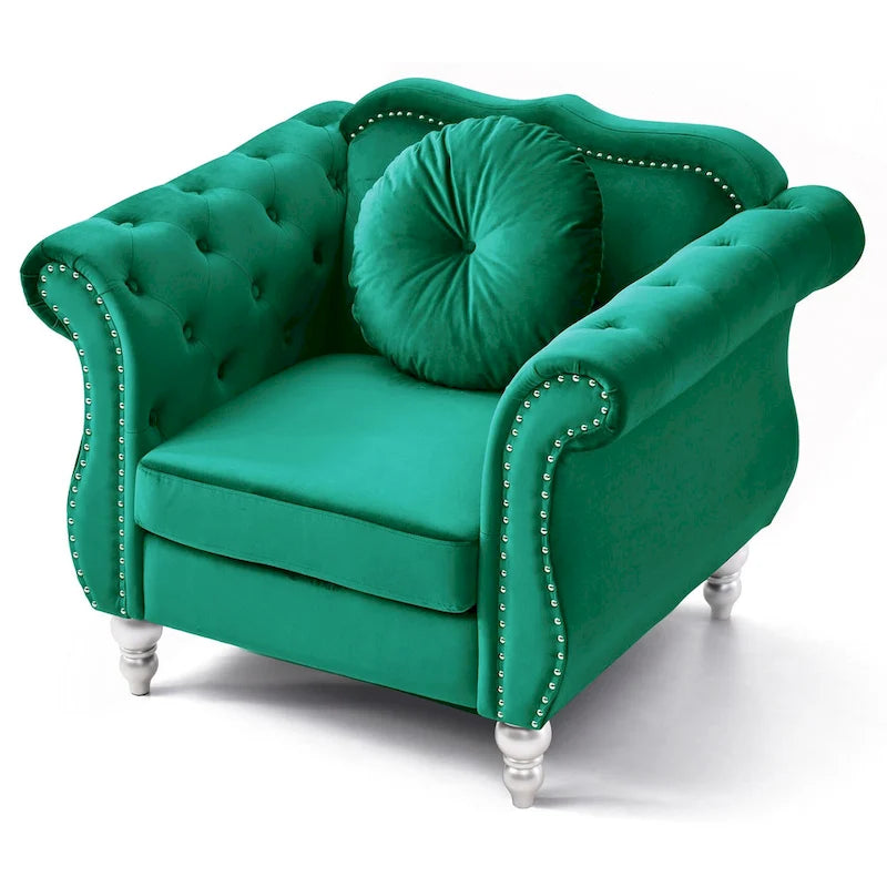 Fauteuil d'appoint en velours capitonné Chesterfield avec accoudoirs évasés et coussin décoratif
