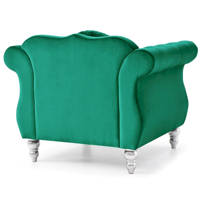 Fauteuil d'appoint en velours capitonné Chesterfield avec accoudoirs évasés et coussin décoratif