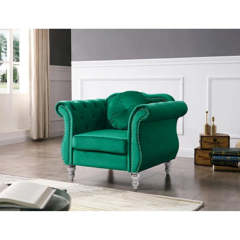 Fauteuil d'appoint en velours capitonné Chesterfield avec accoudoirs évasés et coussin décoratif