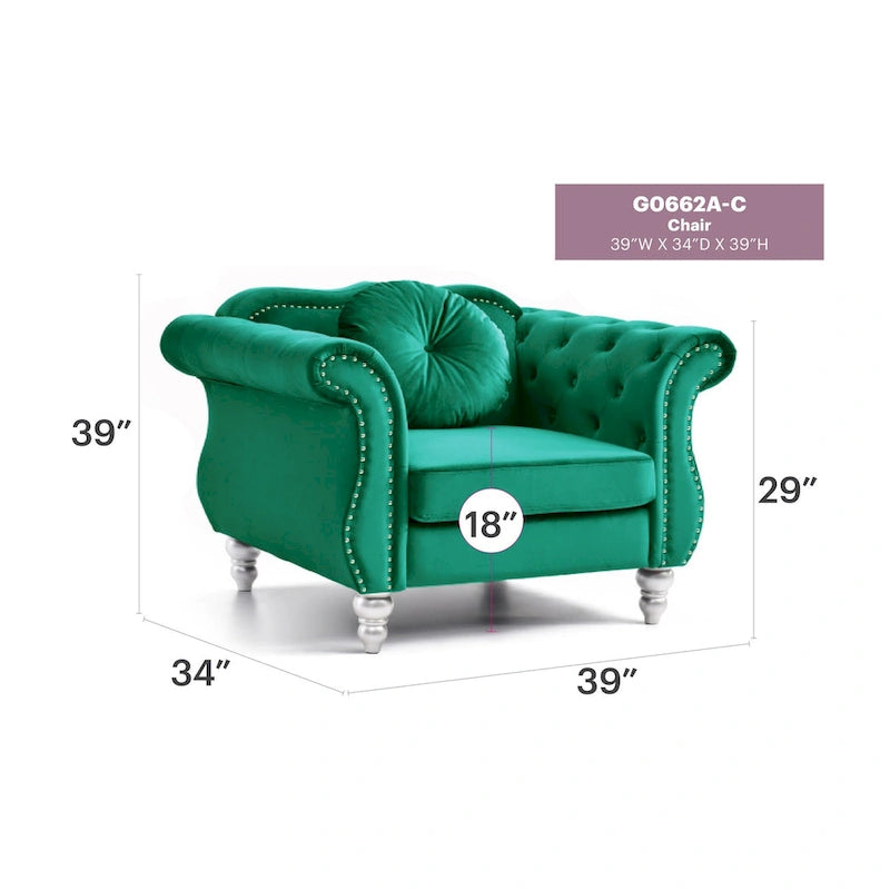Fauteuil d'appoint en velours capitonné Chesterfield avec accoudoirs évasés et coussin décoratif