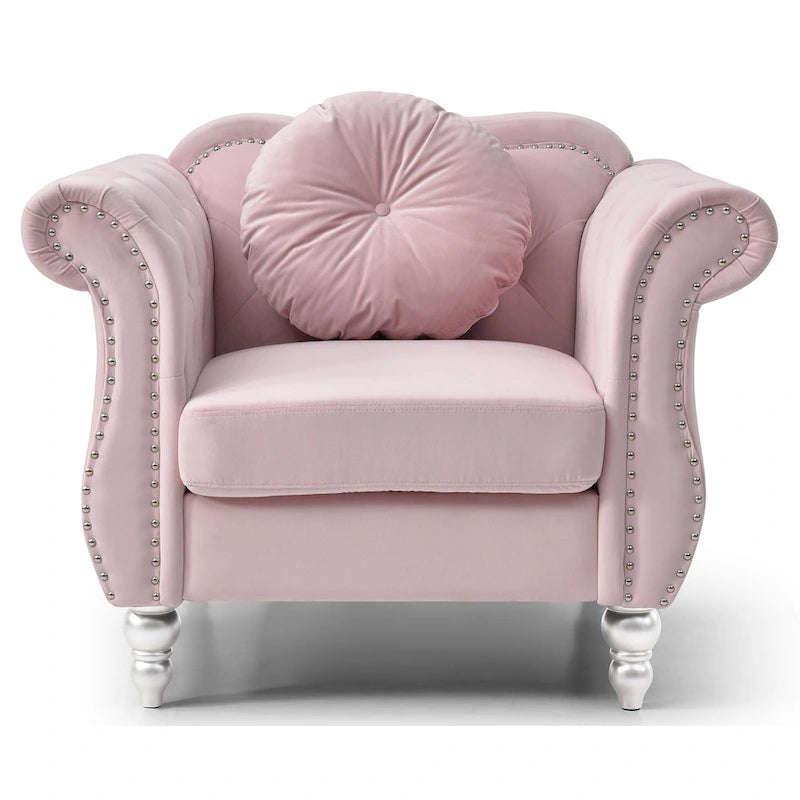 Fauteuil d'appoint en velours capitonné Chesterfield avec accoudoirs évasés et coussin décoratif
