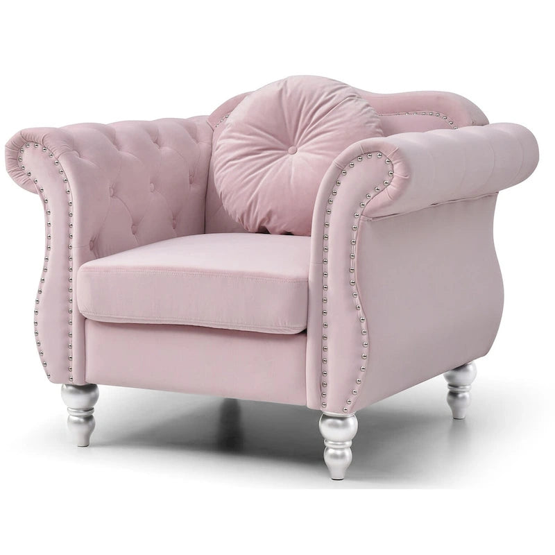 Fauteuil d'appoint en velours capitonné Chesterfield avec accoudoirs évasés et coussin décoratif