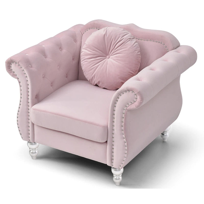 Fauteuil d'appoint en velours capitonné Chesterfield avec accoudoirs évasés et coussin décoratif