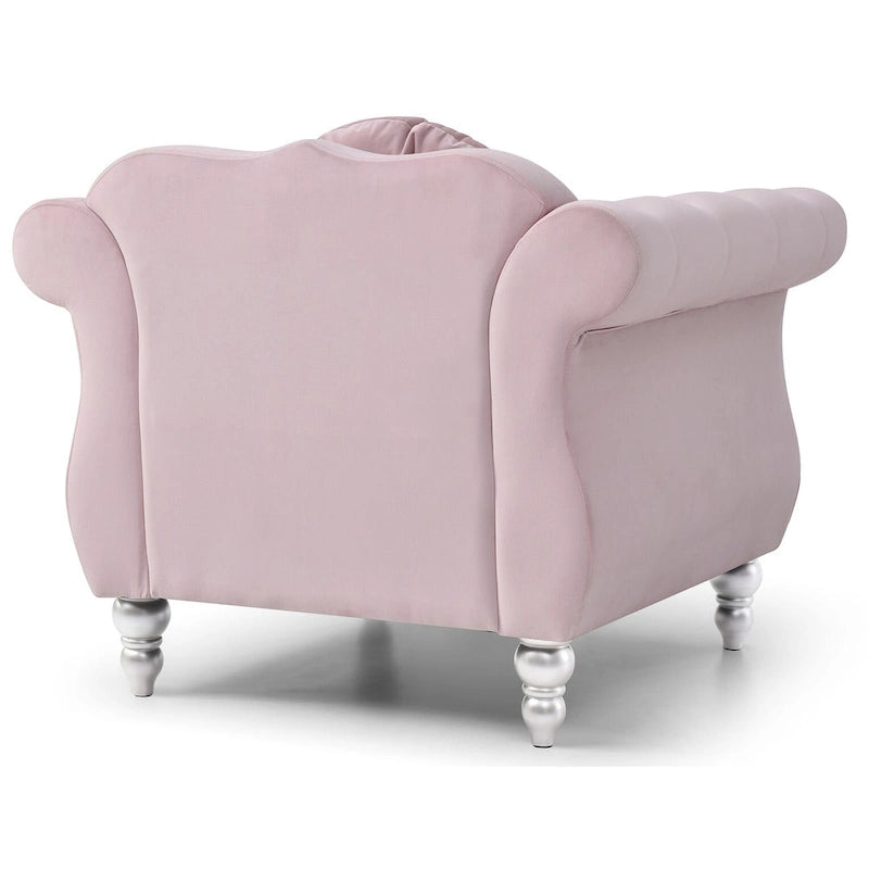 Fauteuil d'appoint en velours capitonné Chesterfield avec accoudoirs évasés et coussin décoratif