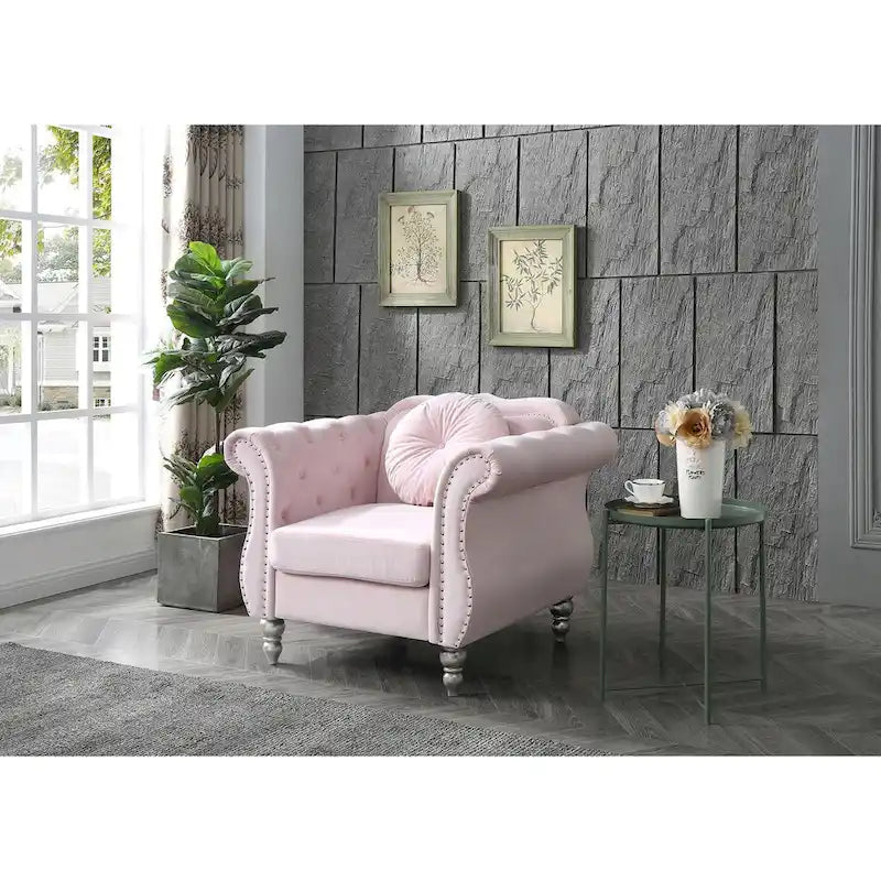 Fauteuil d'appoint en velours capitonné Chesterfield avec accoudoirs évasés et coussin décoratif