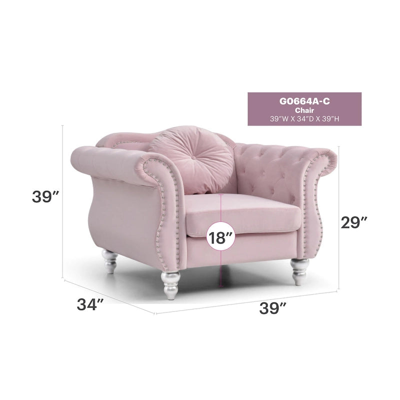 Fauteuil d'appoint en velours capitonné Chesterfield avec accoudoirs évasés et coussin décoratif