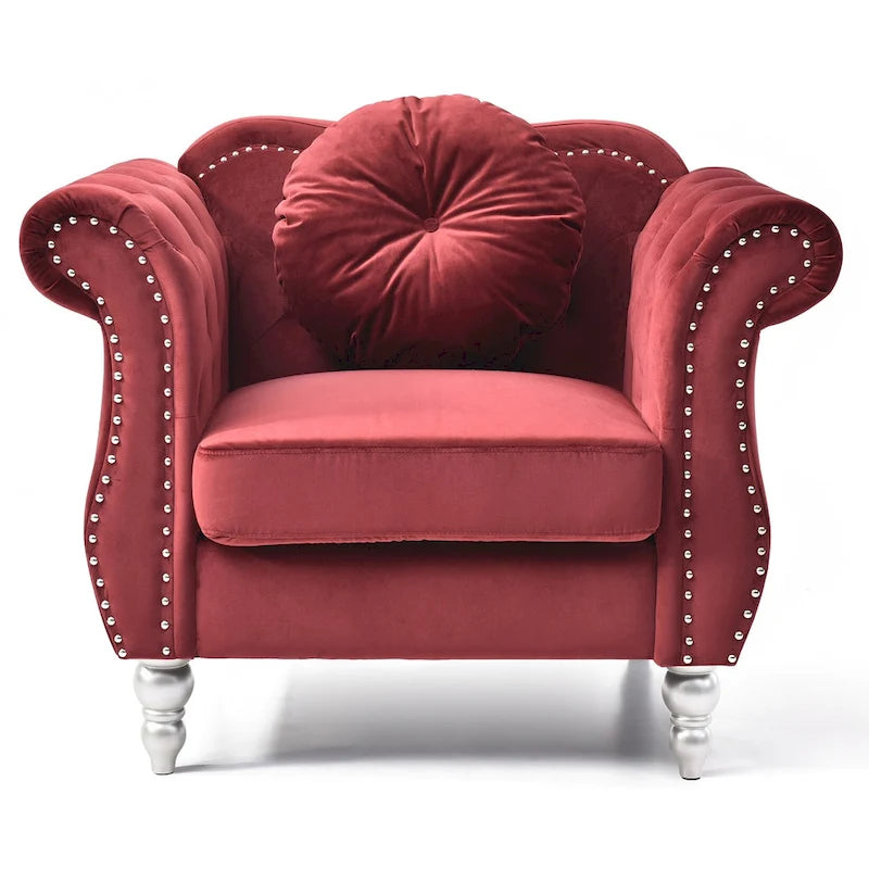 Fauteuil d'appoint en velours capitonné Chesterfield avec accoudoirs évasés et coussin décoratif
