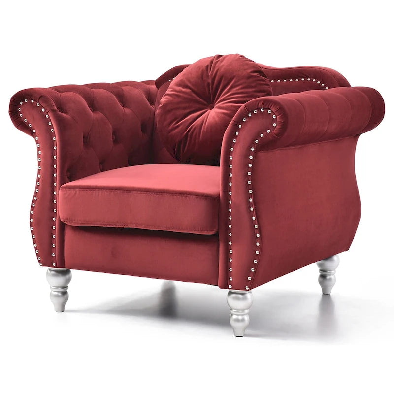 Fauteuil d'appoint en velours capitonné Chesterfield avec accoudoirs évasés et coussin décoratif