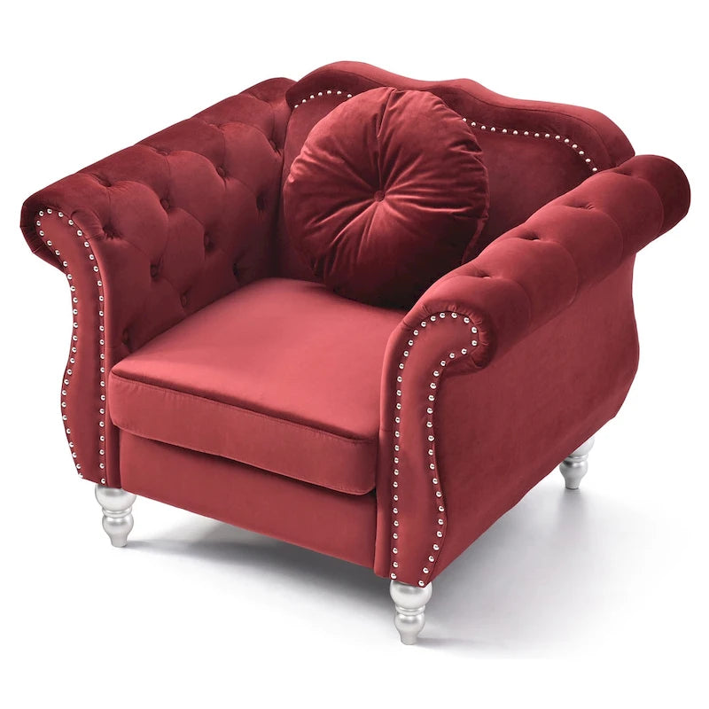 Fauteuil d'appoint en velours capitonné Chesterfield avec accoudoirs évasés et coussin décoratif