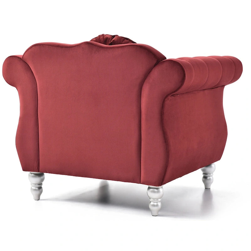 Fauteuil d'appoint en velours capitonné Chesterfield avec accoudoirs évasés et coussin décoratif