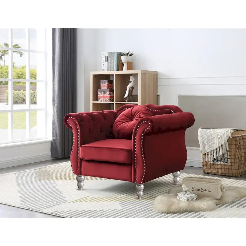 Fauteuil d'appoint en velours capitonné Chesterfield avec accoudoirs évasés et coussin décoratif
