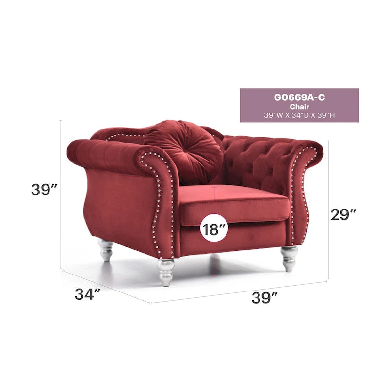 Fauteuil d'appoint en velours capitonné Chesterfield avec accoudoirs évasés et coussin décoratif
