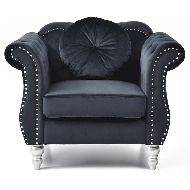 Fauteuil d'appoint en velours capitonné Chesterfield avec accoudoirs évasés et coussin décoratif