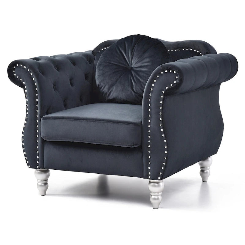 Fauteuil d'appoint en velours capitonné Chesterfield avec accoudoirs évasés et coussin décoratif