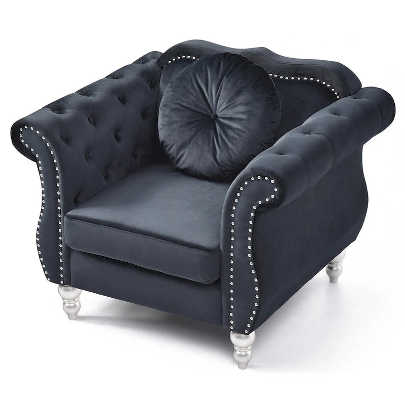 Fauteuil d'appoint en velours capitonné Chesterfield avec accoudoirs évasés et coussin décoratif
