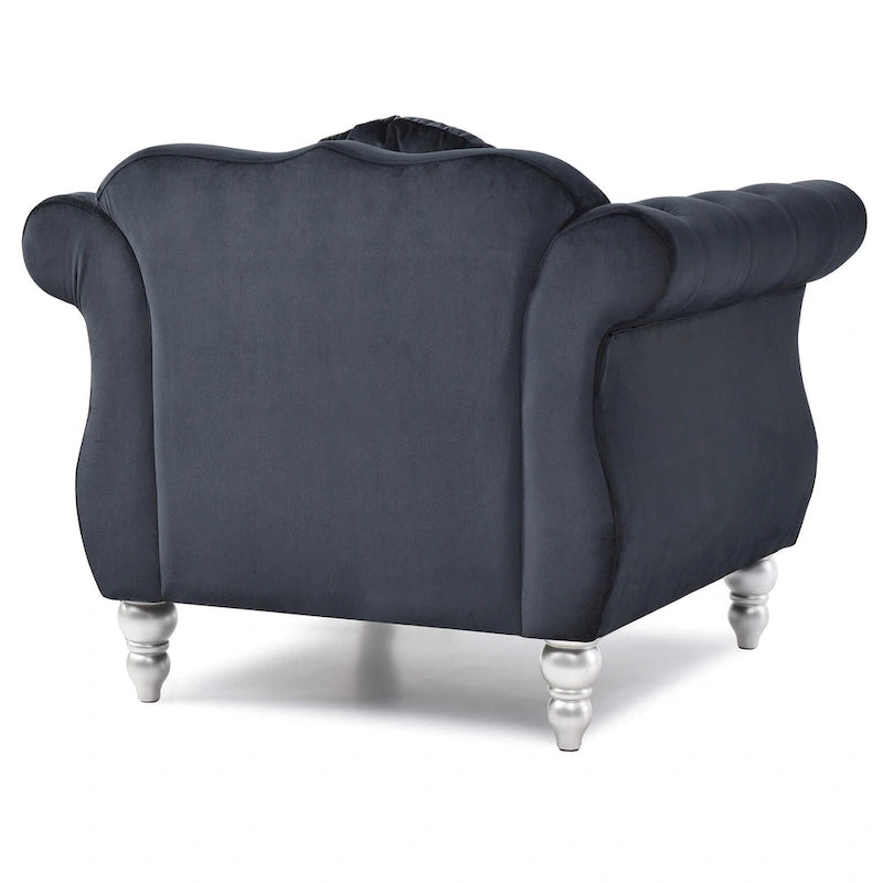 Fauteuil d'appoint en velours capitonné Chesterfield avec accoudoirs évasés et coussin décoratif