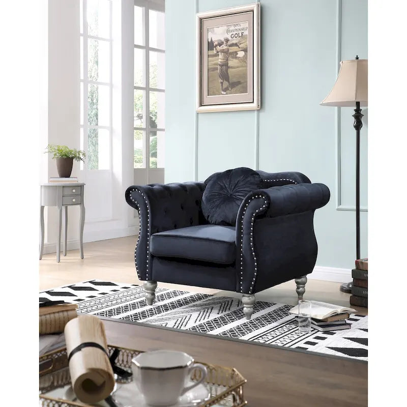Fauteuil d'appoint en velours capitonné Chesterfield avec accoudoirs évasés et coussin décoratif
