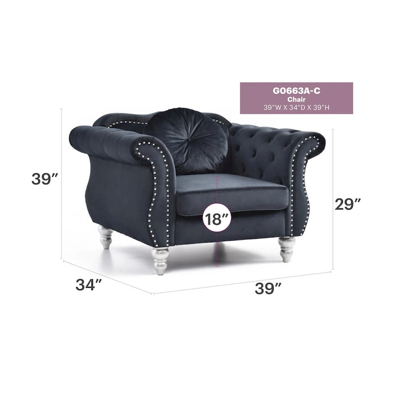 Fauteuil d'appoint en velours capitonné Chesterfield avec accoudoirs évasés et coussin décoratif