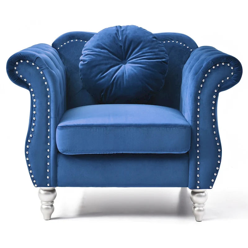 Fauteuil d'appoint en velours capitonné Chesterfield avec accoudoirs évasés et coussin décoratif