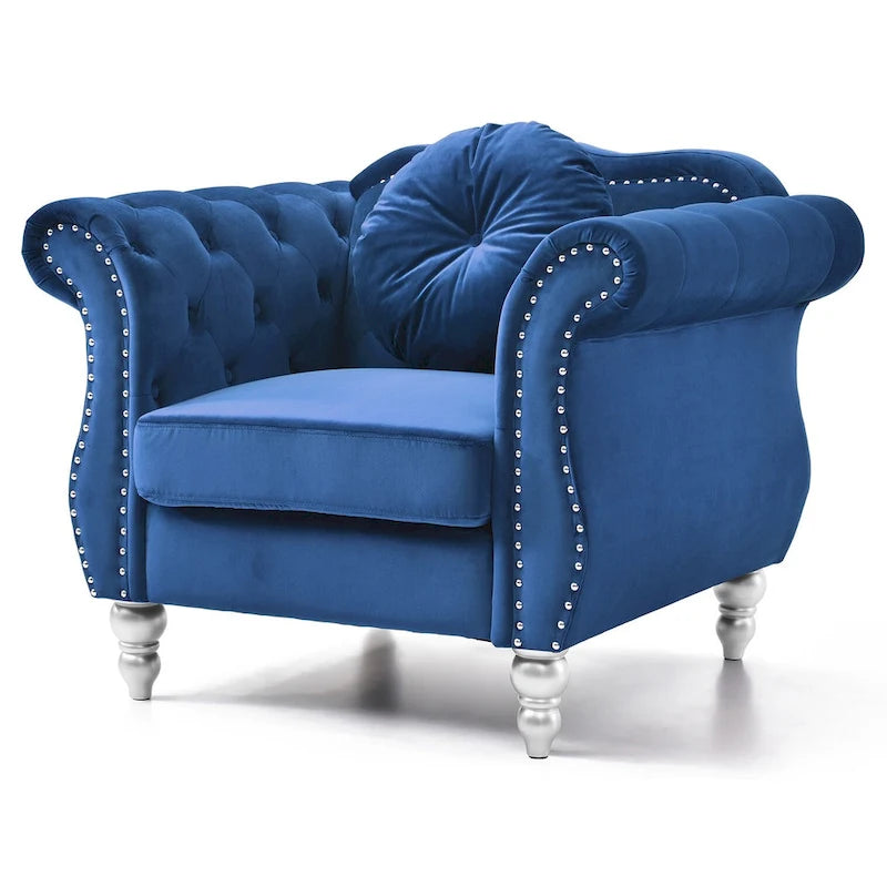 Fauteuil d'appoint en velours capitonné Chesterfield avec accoudoirs évasés et coussin décoratif