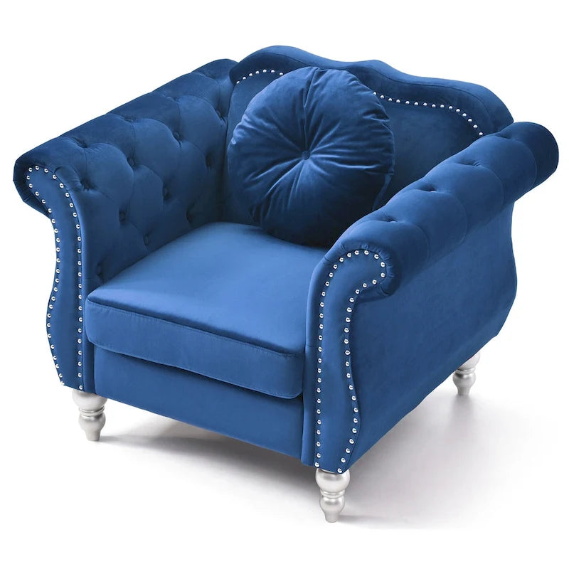 Fauteuil d'appoint en velours capitonné Chesterfield avec accoudoirs évasés et coussin décoratif
