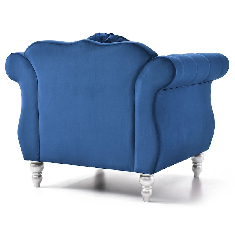 Fauteuil d'appoint en velours capitonné Chesterfield avec accoudoirs évasés et coussin décoratif