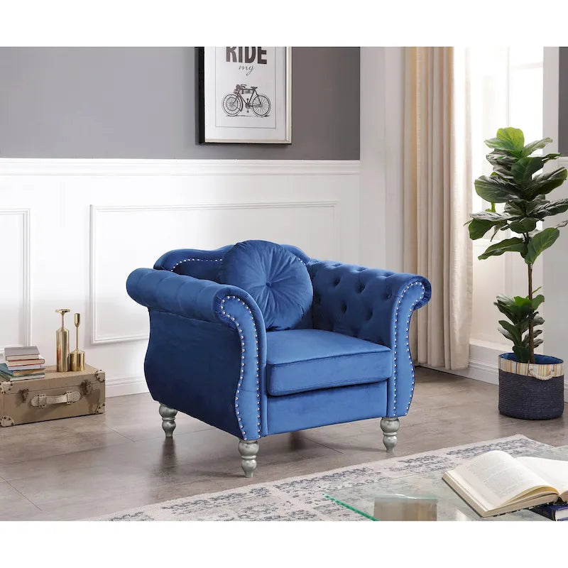 Fauteuil d'appoint en velours capitonné Chesterfield avec accoudoirs évasés et coussin décoratif
