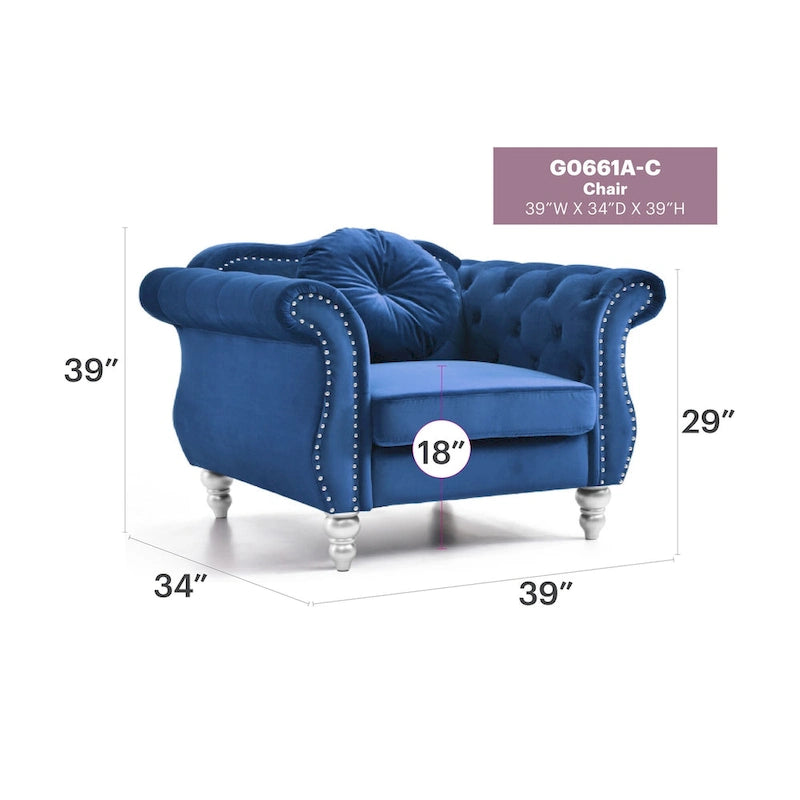 Fauteuil d'appoint en velours capitonné Chesterfield avec accoudoirs évasés et coussin décoratif