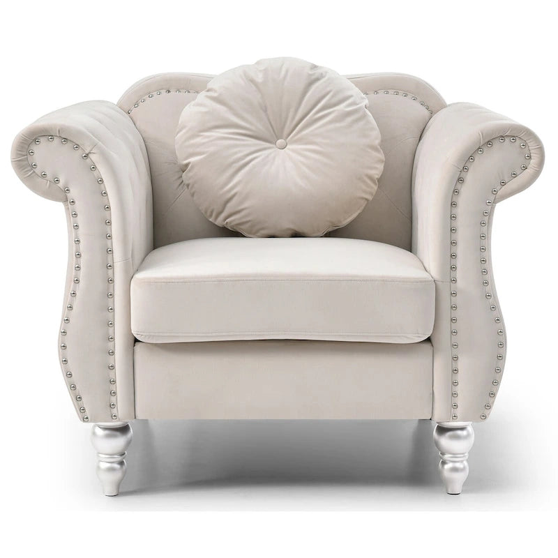 Fauteuil d'appoint en velours capitonné Chesterfield avec accoudoirs évasés et coussin décoratif