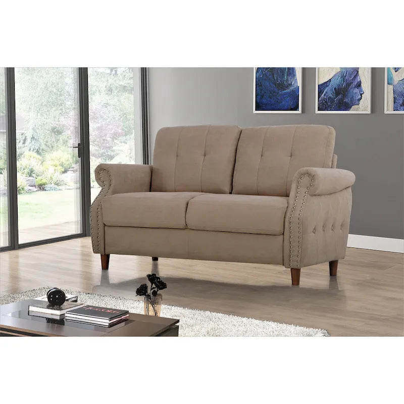 Causeuse garnie de clous de tapissier, avec cadre en bois massif, accoudoirs roulés et pieds tournés