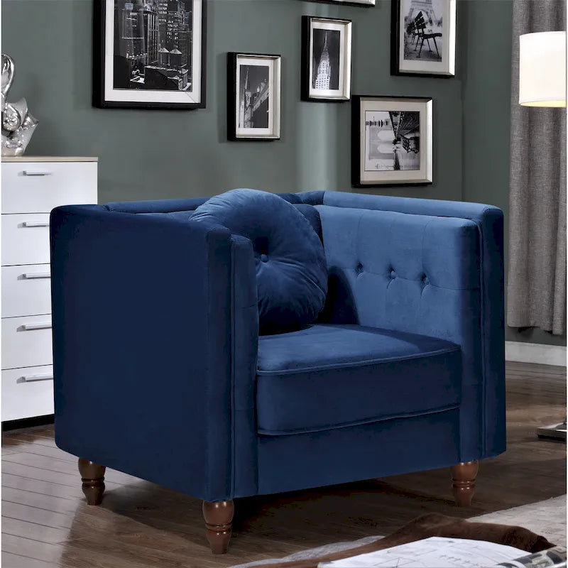 Fauteuil d'appoint en velours écrasé avec capitonnage, accoudoirs carrés et pieds coniques en bois