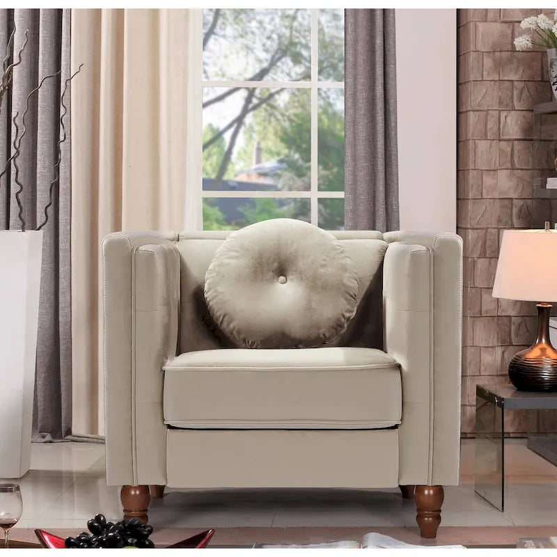 Fauteuil d'appoint en velours écrasé avec capitonnage, accoudoirs carrés et pieds coniques en bois