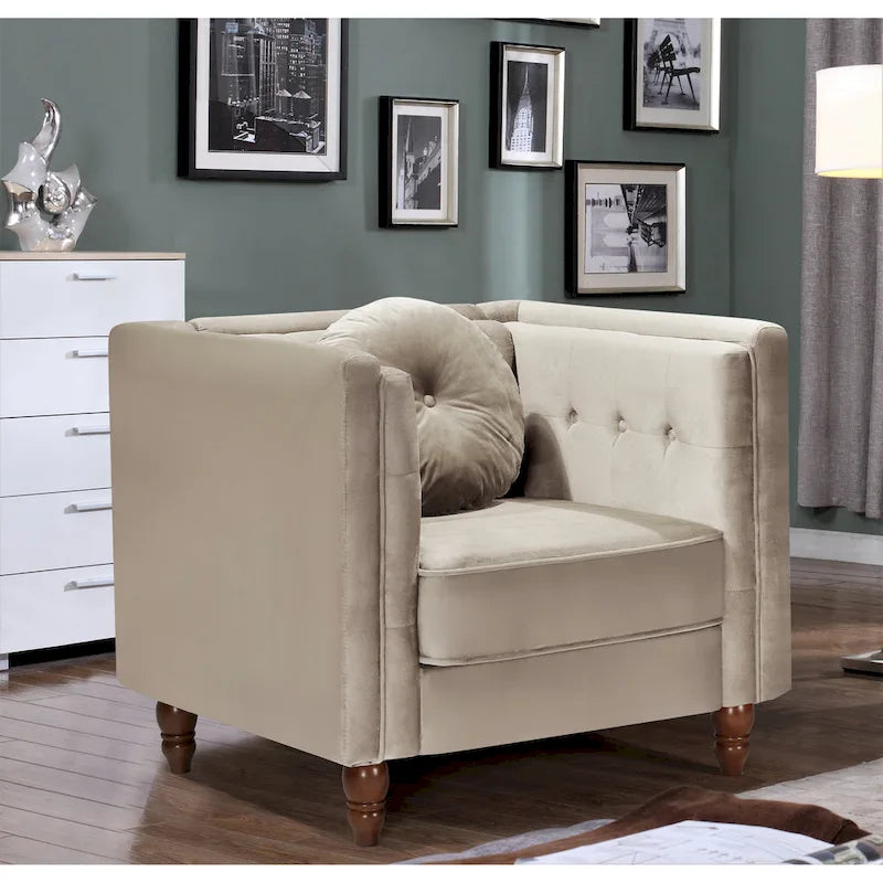 Fauteuil d'appoint en velours écrasé avec capitonnage, accoudoirs carrés et pieds coniques en bois