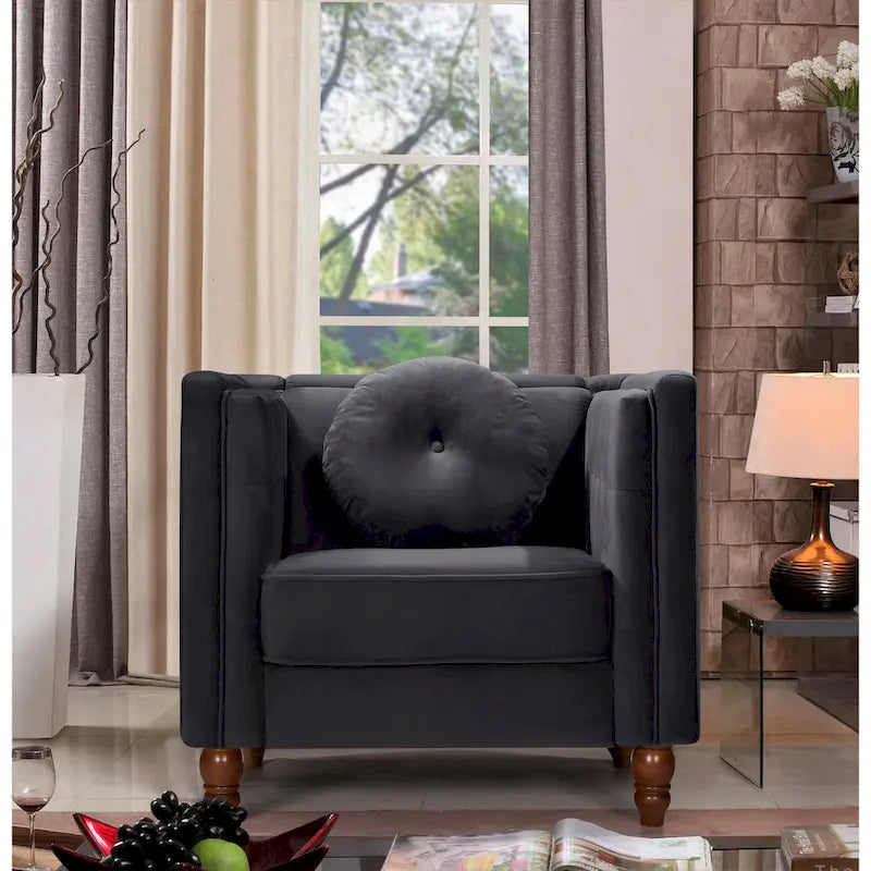 Fauteuil d'appoint en velours écrasé avec capitonnage, accoudoirs carrés et pieds coniques en bois