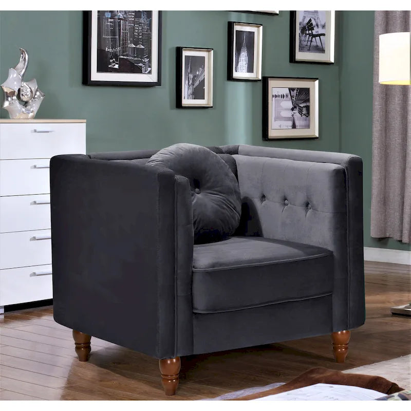 Fauteuil d'appoint en velours écrasé avec capitonnage, accoudoirs carrés et pieds coniques en bois