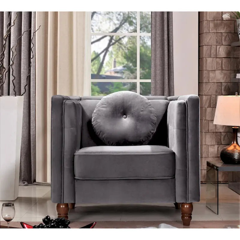 Fauteuil d'appoint en velours écrasé avec capitonnage, accoudoirs carrés et pieds coniques en bois