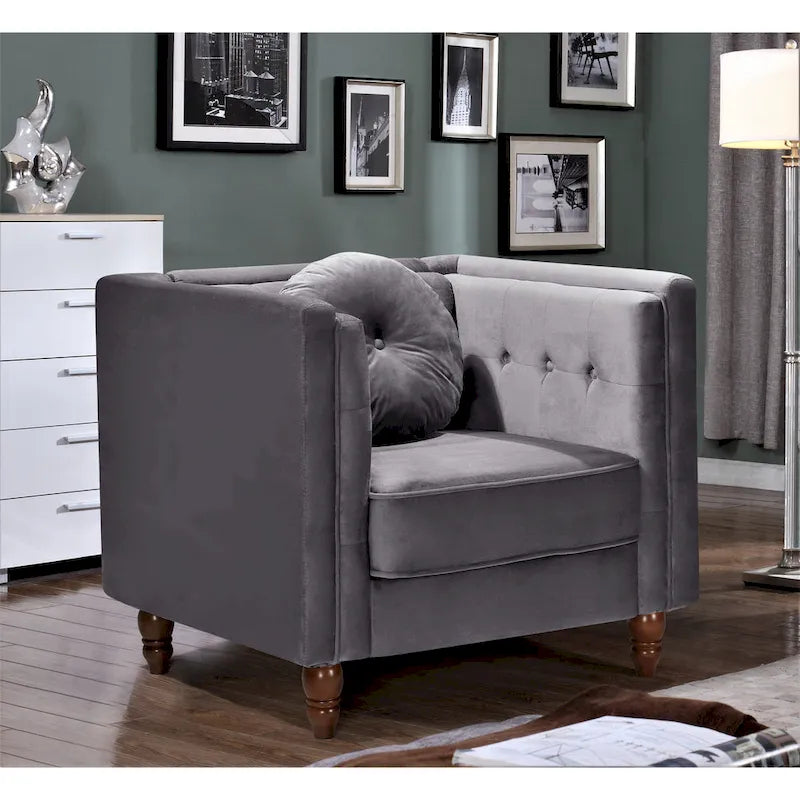 Fauteuil d'appoint en velours écrasé avec capitonnage, accoudoirs carrés et pieds coniques en bois