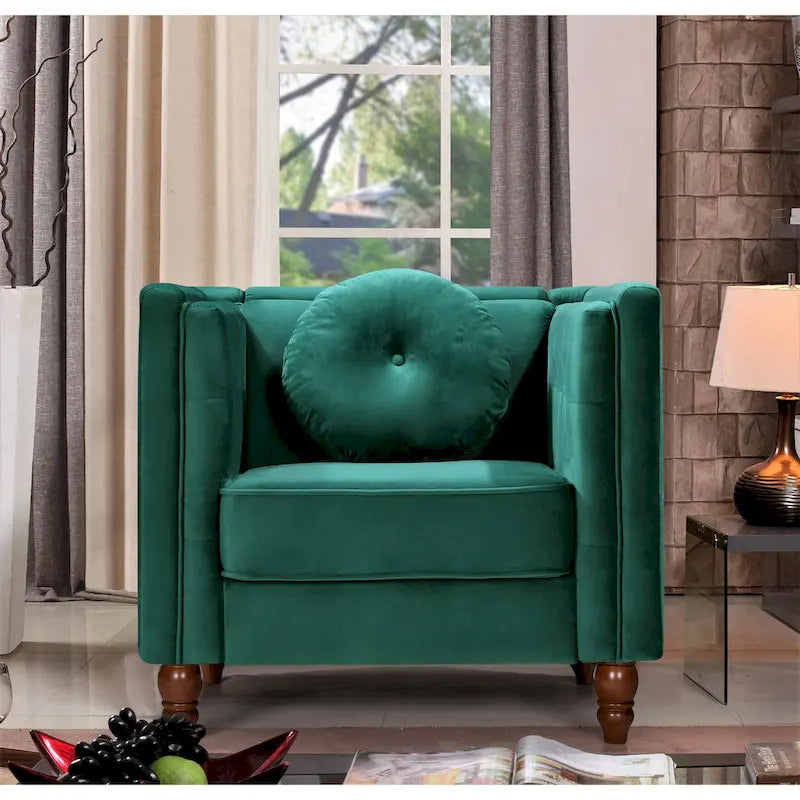 Fauteuil d'appoint en velours écrasé avec capitonnage, accoudoirs carrés et pieds coniques en bois