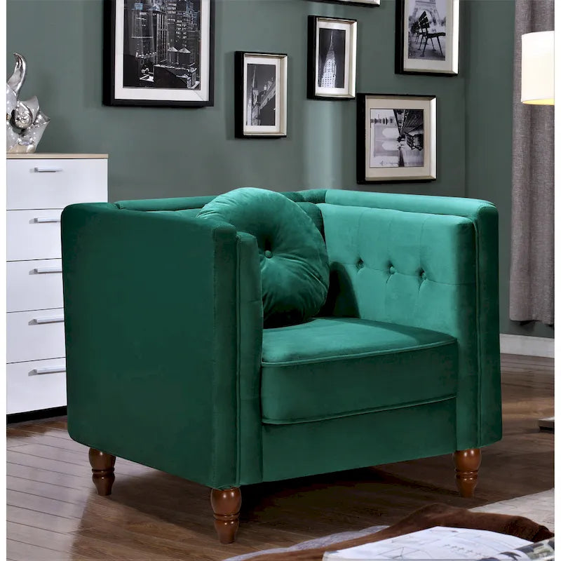 Fauteuil d'appoint en velours écrasé avec capitonnage, accoudoirs carrés et pieds coniques en bois