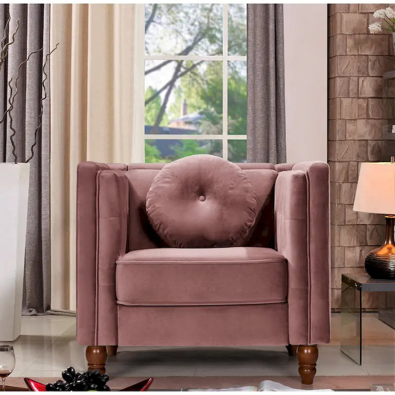 Fauteuil d'appoint en velours écrasé avec capitonnage, accoudoirs carrés et pieds coniques en bois