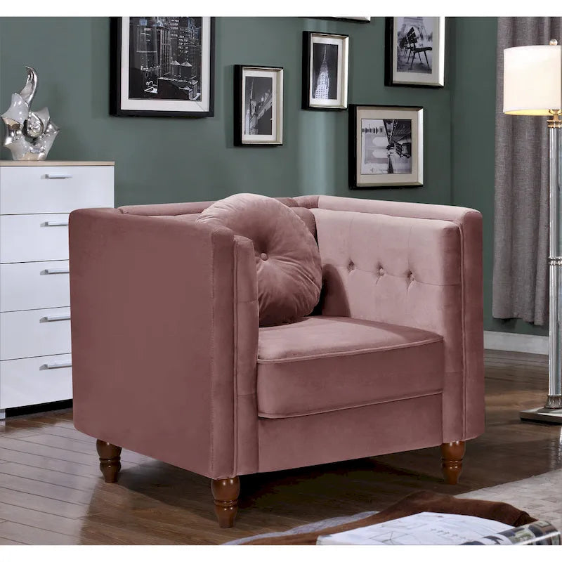 Fauteuil d'appoint en velours écrasé avec capitonnage, accoudoirs carrés et pieds coniques en bois