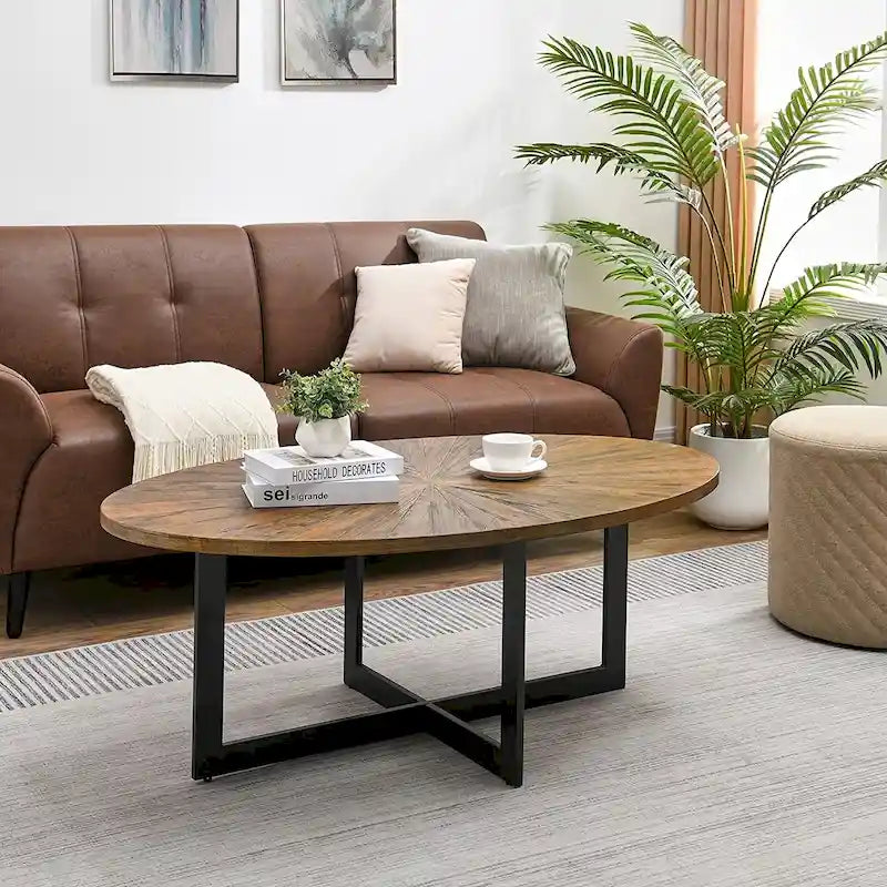 Table basse ovale en frêne avec piètement croisé en fer et étagère à 2 niveaux