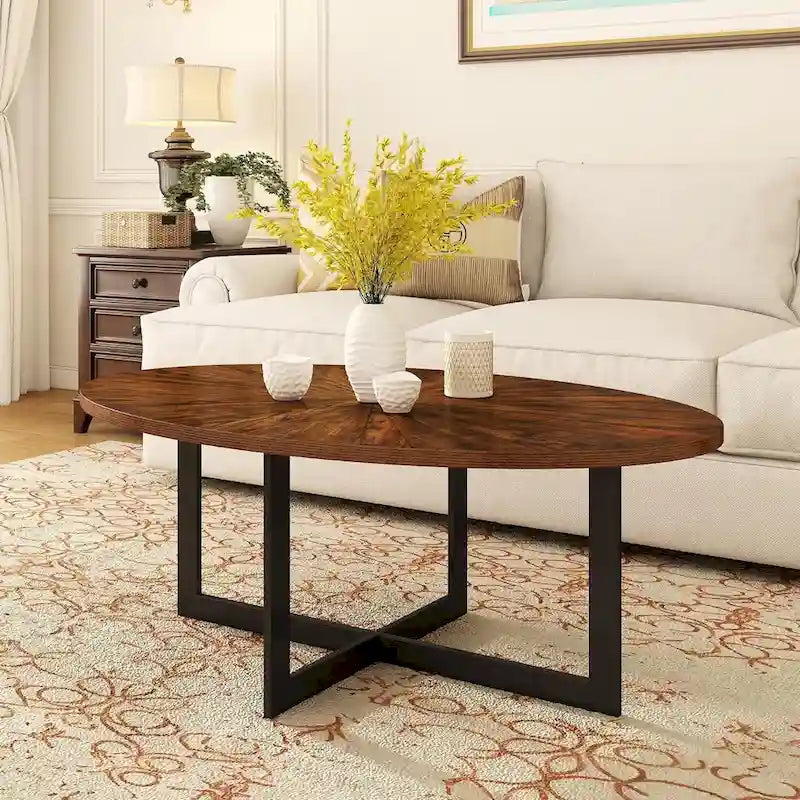 Table basse ovale en frêne avec piètement croisé en fer et étagère à 2 niveaux