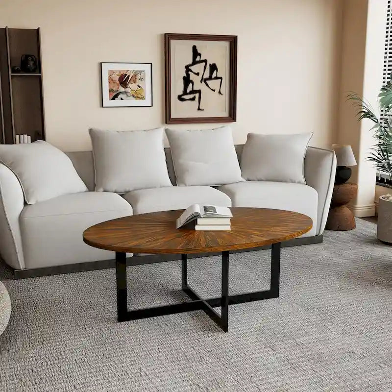 Table basse ovale en frêne avec piètement croisé en fer et étagère à 2 niveaux