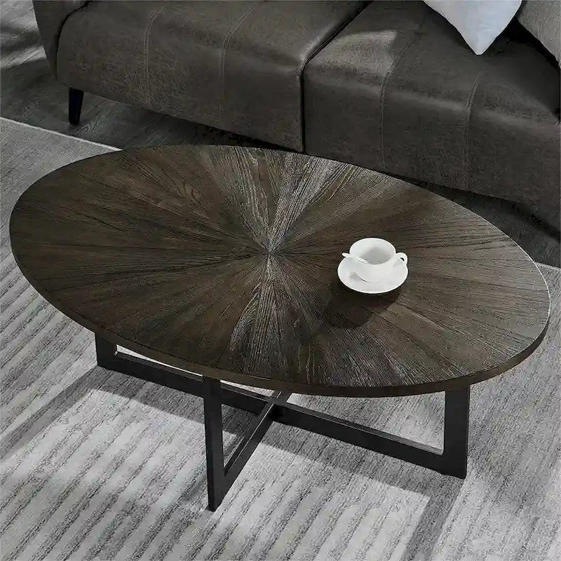Table basse ovale en frêne avec piètement croisé en fer et étagère à 2 niveaux